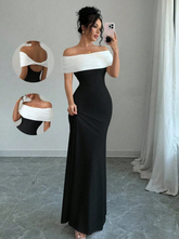 Off Shoulder Mature Charming Black And White Contrast Color Maxi